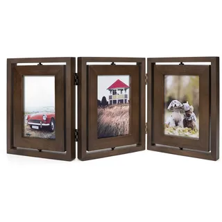 Emfogoo Bilderrahmen 10x15, Rustikal Holz 3 Falten Fotorahmen mit Doppelseitigem Display Drehbar Bilderrahmen Collage Vertikal auf der Tischplatte (Walnuss)
