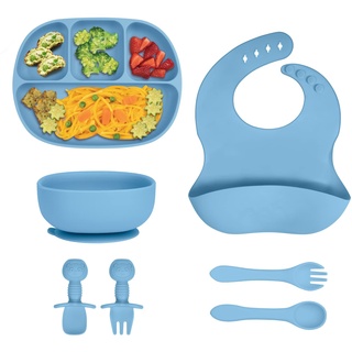 Aolso Baby Teller Kinderteller Sets, 7 Stücke Rutschfest Geschirr Sets Mit Löffel Geteilte Platte und Lätzchen, BPA-frei Kinder Geschirrset Silikon, Babyteller Schüssel für Kleinkinder Kinder(Blau)