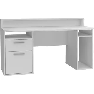 Forte TEZAUR Schreibtisch 160; moderner Schreibtisch mit Schublade; Tür und vielen Fächern; Beleuchtung; Jugendzimmer; Büro; Gaming; Holzwerkstoff; Weiß; 160 cm breit x 75;7 cm hoch x 72 cm tief