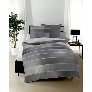 Wendebettwäsche KAEPPEL "TIMELESS 100% Baumwolle", grau (zinn), B/L: 135cm x 200cm, 1 Stk., 1 Stk., Mako-Satin, B/L: 80cm x 80cm, 2 Stk., Mako-Satin, Obermaterial: 100% Baumwolle, Bettwäsche, Wendebettwäsche, mit breiten Streifen, Wendeoptik, Markenreißverschluss