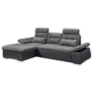 Stella Trading Ecksofa mit Bettfunktion, Kopfstützen, Nierenkissen Armteilverstellung schwarz