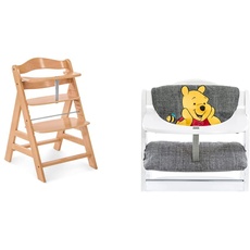 Hauck Kinder Hochstuhl Alpha+, Mitwachsend ab 6 Monate, Buchenholz, Stabil & Sicher bis 90 kg,Natur & Sitzkissen für Holzhochstühle Highchair Pad Deluxe, Kompatibel mit Alpha+, Pooh Grau