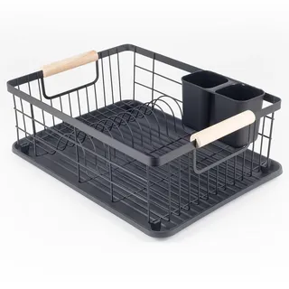 Abtropfgestell Schwarz Matt [42,5 x 31,5 x 14 cm] – Abtropfschale für Geschirr mit Griffen aus Holz – Geschirrständer aus Edelstahl für die Spüle, Abtropfgitter, Besteckhalter, Geschirrgestell