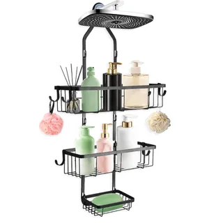 CRITIVE-SHOP Duschablage Zum Hängen Badezimmer Organizer, 3-Tier Duschregal Zum Hängen Kein Bohren, Bad Organizer mit Seifenschale 6 Haken, Überkopf Aufbewahrung Badezimmer für Shampoo Badeschwamm