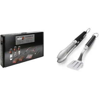 Weber Reinigungsset Emaille-Gasgrills, Multi & 6645 Grillbesteck Kompakt 2-teilig, Zange und Wender, Edelstahl, schwarz