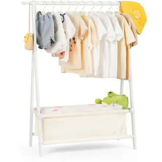 Relquorax Bambus Kinder Kleiderständer mit Aufbewahrungstasche und Kleiderstange, Dress-up-Ständer, kleiner Garderobenständer, für Kostüme im Kinderzimmer (Weiß)