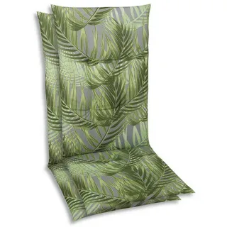 Sesselauflagenset , Grau, Grün , Textil , 2-teilig , Blätter , Füllung: Schaumstoff, Vlies , rechteckig , 48x5x108 cm , Oeko-Tex® Standard 100 , pflegeleicht, für den Außenbereich geeignet, mittels Gurtband zu befestigen , Gartenmöbel, Gartenpolster & Auflagen, Sesselauflagen
