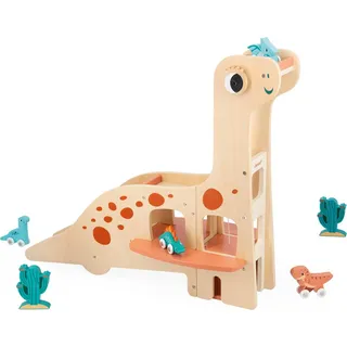 Janod Holz Dino Garage - Spielzeug für Dinosaurierfans -Holz - Orange
