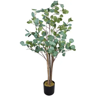 Decovego Künstlicher Eukalyptus, Kunstpflanze, Kunstbaum 120 cm, mit Echtholzstamm, für Wohn- & Büroräume, pflegeleicht & immergrün