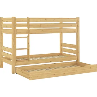 Teilbares Etagenbett Massivholz Kiefer 90x200 Hohes Stockbett Zubehör wählbar V-60.11-09Ni70Rollrost und Gästebettkasten inkl. - Naturbelassen
