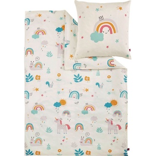 S.Oliver Kinderbettwäsche Einhorn 100x135 cm - 100% Baumwolle, praktischer Reißverschluss & maschinenwaschbar, Bettwäsche für Kinder Regenbogen 2tlg. bunt