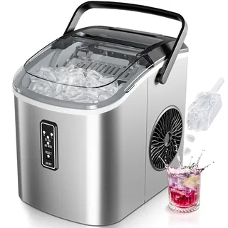 euhomy Eiswürfelmaschine Klein, 9 Würfel in 6 Minuten Bereit, 12 Kg/Day, Selbstreinigend, Tragbare Eismaschine Mit Tragegriff, Korb Und Schaufel, 2 Größen Von Eiswürfeln Für Zuhause, Küche, Büro
