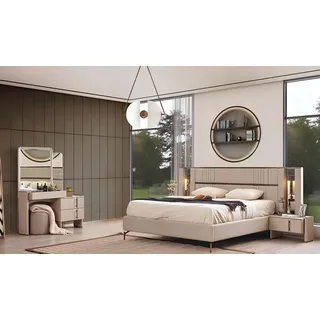 Moderne Schlafzimmer Möbel Beiges Doppelbett 2x Nachttische Schminktisch - Beige