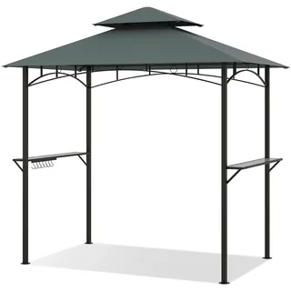 FANTASK Grillpavillon, 240 x 151 x 255 cm, Grill Pavillon Doppeldach mit 7 Haken & Seitenregalen, Grillunterstand wetterfest mit Metallrahmen, Pavillon für BBQ Garten Außenbereich (Grau)