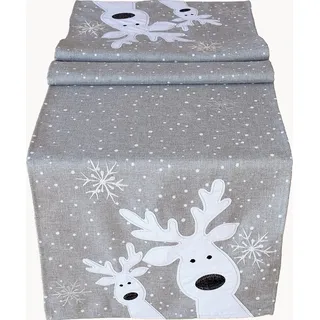 Tischwäsche Tischläufer Stickerei lustiger Elch Winter Weihnachten Deko 40 x 140 cm - hellgrau - Hellgrau