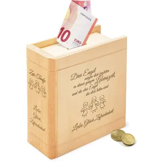 Casa Vivente Spardose aus Holz mit Gravur zur Taufe, Motiv Engel, Sparbüchse als Taufgeschenk für Mädchen und Jungen