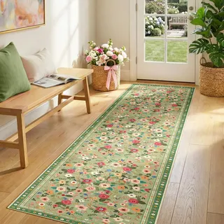 INOVADAY Waschbarer Teppich 60x240 cm Boho Stil Kurzflor rutschfest Blumen Print Design Teppich für Küche Flur Schlafzimmer Kinderzimmer Eingangshalle Badezimmer Hellgrün
