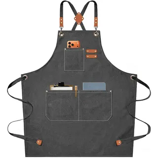 AFUN Kochschürze, Baumwoll-Leinen-Schürze, mit verstellbaren Trägern und großen Taschen, M bis XXL (grau)