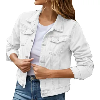 Jeansjacke Damen Kurz Denim Jacke Weiße - Sommer Kurze Jeansjacke Lange Ärmel Umlegekragen Oversize Jeans Jacke Mantel Outwear Mit Taschen