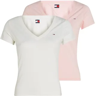 T-Shirt TOMMY JEANS "TJW 2PACK V-NECK TEE", Damen, Gr. XS (34), rosa (ecru, precious pink), Jersey, Obermaterial: 100% Baumwolle, unifarben, regular fit hüftlang, V-Ausschnitt, abgesteppt, Shirts T-Shirt, mit Logostickerei