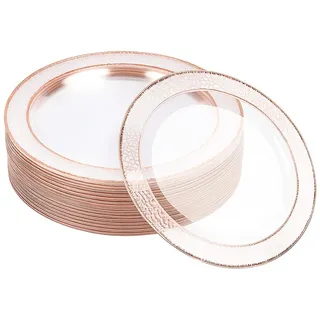 MATANA 20 Premium Transparente Plastikteller mit Roségoldenem Rand, 26cm - Mehrweg Kunststoffteller, Partyteller Gold für Hochzeiten, Geburtstage, Partys - Elegantes & Stabiles Partygeschirr