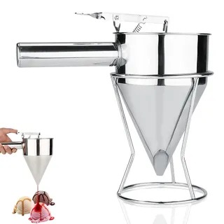 Rankomu Edelstahl-Teigportionierer & Backtrichter mit Ständer, 600ml Pancake Portionierer für Küche, Bäckerei, Desserts | Lebensmittelechter Feder-Mechanismus (Silber) | Inkl. Trichter Halterung