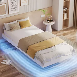 IRONCK Bettgestell 90x200 cm, Schwebender Bett mit LED Beleuchtung, Gepolsterte Seitenwände, 2 AC-Steckdosen, 1 USB-A-Anschluss, 1 USB-C-Anschluss, Metallbett mit Lattenrost Einzelbett, Weiß