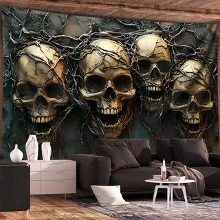 Arsey Gothic Wandteppich Totenkopf Design Schädel mit Ranken Wandteppiche wandtuch für Halloween und Goth Stil deko wandtücher, schwarz, groß 200 x 150cm
