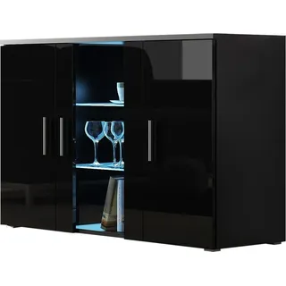 Furniture24 Kommode mit Blauer LED Beleuchtung SOHO S7 Sideboard Schrank Wohnzimmerschrank mit 3 Türen Schwarz/Schwarz Hochglanz - Schwarz