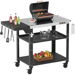 PARGRILL Grillwagen beweglicher Servierwagen mit 3 Ebenen, klappbarem Beistelltisch und 360° schwenkbaren Rollen mit Bremse – Multifunktionaler Edelstahl Outdoor Grilltisch für BBQ und Garten