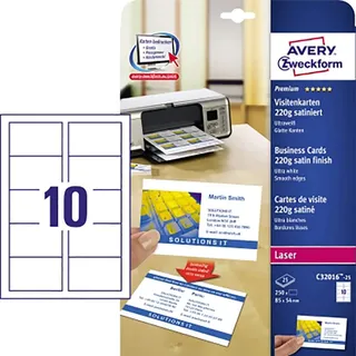 Avery Zweckform Visitenkarten C32016-25 satiniert weiß 220 g/m2, 25 x 54 mm beidseitig bedruckbar, ultraweiß, absolut glatte Kanten, 85