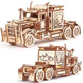 Wood Trick Big Rig Mechanischer Spielzeuglastwagen - Leistungsstarker Gummibandmotor - Realistischer Semi-Truck-Modellbausatz aus Holz für Erwachsene und Kinder - 3D-Holzpuzzle