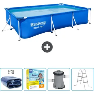 Bestway rechteckiger Steel Pro-Schwimmbecken – 300 x 201 x 66 cm – Blau – im Lieferumfang enthalten Sonnensegel - Wartungspaket - Pumpe - Leiter