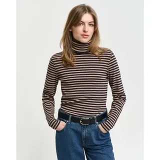 Gant für Damen. 4200713 Geripptes gestreiftes T-Shirt mit Schwanenhals und langen braunen Ärmeln (S), Lässig, Baumwolle, Langarm