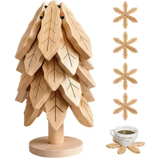 Nenkarn Holz Untersetzer Baum Set (5 Untersetzer + 1 Ständer) Bambus Topfuntersetzer Weihnachtsbaum Design Küchenzubehör Tischdekoration