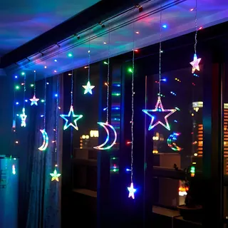 Stern Mond LED Lichterkette, Lichtervorhang Innen 8 Modi, Bunt Weihnachtsbeleuchtung, Weihnachtsdeko Fenster - Bunt