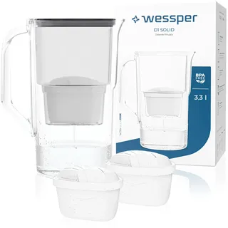 Wessper Wasserfilter Kanne 2,8 L Aqua Max Basic, Set Wasserkanne und 2 Filter Kompatibel mit Brita Maxtra, Wasserfiltersystem Reduzierung von Kalk, Chlor - Schwarz