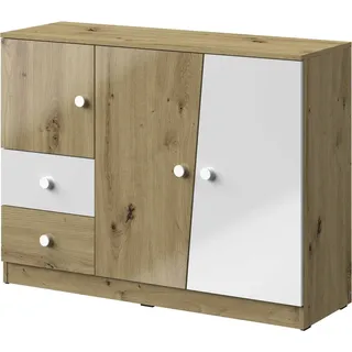 Minio, Kommode, Sideboard, "Nantes 7", 120x90x40, 3 Türen, 2 Schubladen, 1 Einlegeboden, Artisan Eiche/Artisan Eiche Glanz/Weiss Glanz Farbe