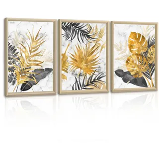 3 Teilig Leinwandbilder Bilder mit Rahmen Abstrakt Grau Gold Blätter bild auf leinwand Wandkunst Modern Wandbilder Kunstdruck Deko für Wohnzimmer Schlafzimmer fertig zum Aufhängen 30x40x3 Pcs