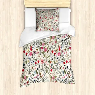 ABAKUHAUS Blumen Bettbezug Set, Blumen Collage aus Ritterstern Tulpen Rosen Veilchen Lebhafter Fröhliche Natur Muster, 135 x 200 cm + 80 x 80 cm, Mehrfarbig