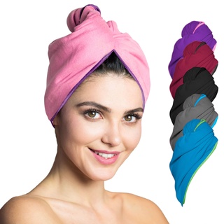 Fit-Flip Haarturban Mikrofaser - 2 Stück Haarhandtuch mit Knopf - schnelltrocknend und saugstark - Microfaser Kopf Turban - Haar Handtuch (rosa-lila)