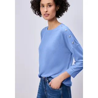 Sweater STREET ONE, Damen, Gr. 34, bonnet blau, Sweatware, Obermaterial: 50% Viskose, 47% Polyester, 3% Elasthan, unifarben, lässig geschnitten hüftbedeckend, Rundhals, Bündchen, Sweatshirts Sweater, mit Knopfdetails
