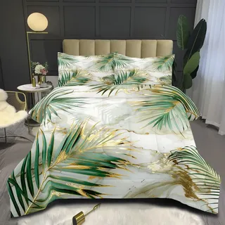 Nyescasa Bettwäsche 135x200 Grün Gold Blätter Weiß Marmor Bettwäsche Set Tropische Palm Pflanzen Wendebettwäsche Weich Mikrofaser Botanisch Bettbezug mit Reißverschluss und Kissenbezug 80x80cm