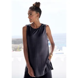 Longtop LASCANA, Damen, Gr. 32/34, blau (schwarz), Jersey, Obermaterial: 94% Polyester, 6% Elasthan, unifarben, figurumspielend hüftbedeckend, Rundhals, Tops Longtop, aus schimmernder Ware mit Plisseefalten