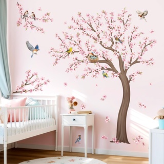 decalmile Wandtattoo Baum Kirschblüte Groß Wandaufkleber Kirschbaum Blumen Rosa Vögel Wandsticker Kinderzimmer Mädchen Wohnzimmer Klassenzimmer Wanddeko(H: 59 inches/150 cm)