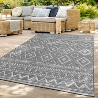 TT Home In-& Outdoor Teppich Wetterfest Balkon Küche Wohnzimmer Boho Rauten Design Größe 200 cm Rund - Grau