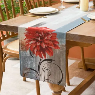 Tischläufer Modern Luxuriös Blume Orange Grau Leinen Tischläufer Weihnachten Abstrakte Kunst Malerei Waschbare Tischdecke für Tischwäsche Esstisch Party Hochzeit Bauernhaus 40 x 140 cm