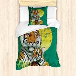 ABAKUHAUS Safari Bettbezug Set für Einzelbetten, Tigerfamilie im Dschungel, Milbensicher Allergiker geeignet mit Kissenbezug, Jade Green Apricot Blassgrün