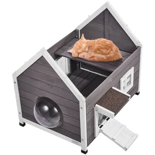 VEVOR Katzenhaus für draußen, wetterfest, Unterschlupf für Wildkatzen für mehrere Katzen, Katzenhaus aus Holz für draußen mit großer Seitentür, Türklappen aus PVC, offenem Dach und klarem Fenster, 55,9 cm L x 76,2 cm B x 66 cm H