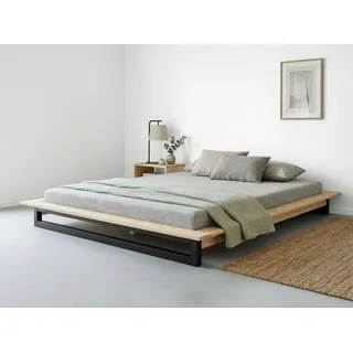 Futonbett OTTO HOME "Kobe, Massivholzbett aus Kiefer im Industrial Design, 200 KG belastbar", natur, schwarz, B:165cm H:18,5cm L:225cm, Betten, Futonbett, stabiles Kufengestell, rundum Ablagefläche, FSC, Made in Europe